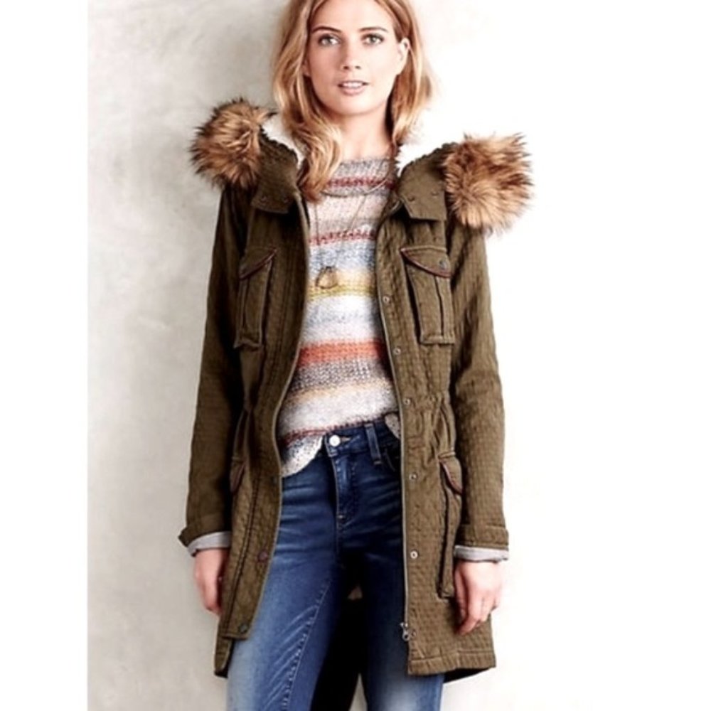 Anthropologie Olive Green w/Brown Trim Fleece Lined Jacket Size 4